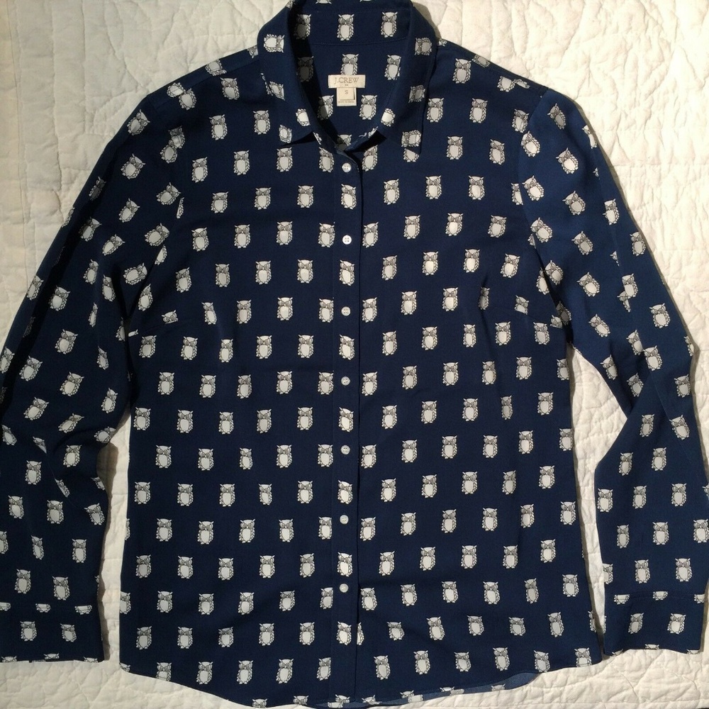 J. CREW Blue Owl Print Shirt critter Button Front Blouse - Picture 7 of 8